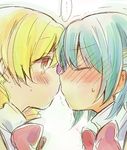  2girls blonde_hair blue_hair blush closed_eyes drill_hair imminent_kiss mahou_shoujo_madoka_magica miki_sayaka multiple_girls nori_senbei school_uniform short_hair sketch tomoe_mami yellow_eyes yuri 