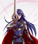  armor blue_eyes blue_hair cape falchion_(fire_emblem) fire_emblem fire_emblem:_kakusei hybridmink long_hair looking_at_viewer lucina solo sword tiara weapon 