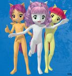  3d abstract_background animal_ears anonjg anthro anthrofied apple_bloom_(mlp) cub cutie_mark_crusaders_(mlp) female friendship_is_magic group horn human humanized mammal my_little_pony nipples poser pushing pussy scootaloo_(mlp) smile standing sweetie_belle_(mlp) wings young young_human 