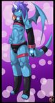  abstract_background blue_eyes blue_hair blue_skin bulge claws clothing elbow_gloves fingerless_gloves gloves hair hindpaw horn kivwolf looking_at_viewer male muscles navel paws shirt short_hair solo standing thighs underwear unigan wings 