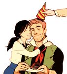  1girl ascot bioshock bioshock_infinite black_hair booker_dewitt brown_hair cake closed_eyes elizabeth_(bioshock_infinite) face-to-face facial_hair food good_end happy hat hug long_hair party_hat ponytail robert_lutece shroedinger smile stubble 