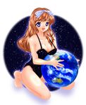  :d ball breasts brown_hair casual_one-piece_swimsuit earth hinoe_riho large_breasts long_hair looking_at_viewer one-piece_swimsuit open_mouth original purple_eyes smile solo space swimsuit 