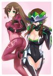  anger_vein ass black_bodysuit blush bodysuit breasts brown_hair chousoku_henkei_gyrozetter cleavage green_eyes haruka_(gyrozetter) kazuma_muramasa kouno_saki large_breasts legs looking_at_viewer looking_back multiple_girls pink_bodysuit seductive_smile skin_tight smile spoken_anger_vein thighs visor 