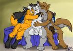  anniversary anthro balls bayson bayson_(character) bed belly_rub brown_fur canine chubby cuddling ear_piercing flaccid fox fur gay group happy hug hybrid kissing love male mammal muscles nude overweight pecs penis piercing rally romantic shadowwolfzero sheath smile tattoo were werewolf wolf wolfblade wolger 