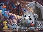  aggron aron beldum cave gen_1_pokemon gen_3_pokemon hand_on_hip lairon mawile necktie nosepass over_shoulder pickaxe pokemoa pokemon pokemon_(creature) pokemon_(game) pokemon_rse sableye silver_hair tsuwabuki_daigo zubat 