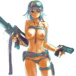 bad_id bad_pixiv_id bandages belt between_breasts blue_hair breasts character_request dog_tags goggles goggles_on_head gun handgun highres large_breasts long_hair looking_at_viewer nipples panties shirt_lift sketch solo striped striped_panties underwear uniskie weapon white_background yellow_eyes 