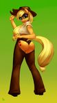  anthro applejack_(mlp) back big_butt big_eyes blonde_hair body_markings bound_tail breasts butt clothing cowboy_hat cute equine female friendship_is_magic gradient_background green_background green_eyes hair hat horse long_hair looking_at_viewer looking_back mammal markings mouth_hold my_little_pony orange_body panties pants phurie plain_background pony pose shirt shoes side_boob smile solo standing underwear yellow_body 