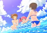  back bikini black_hair blue_bikini breasts brown_eyes brown_hair cleavage closed_eyes cloud day innertube kawagoe_asaka long_hair medium_breasts mibu_emiko mibu_yuuyu multiple_girls navel ocean outdoors pink_hair short_hair sky smile swimsuit tessai tetsudou_musume twintails wading water white_bikini 