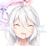 1girl blood eyes_closed halo ikasoke_(likerm6au) long_hair lowres magic_circle no_game_no_life open_mouth silver_hair smile solo wing_ears 