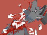  &#9830; anthro bleeding blood brown_nose canine card decapitation ear_piercing four_of_hearts fur gore grey_fur hat headless magician male mammal necktie piercing plain_background playing_card portrait red_background red_eyes severed_head sirohaku smoke solo three_of_diamonds tongue tongue_out top_hat wolf 