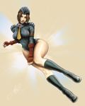  aaron_page armband boots breasts brown_eyes brown_hair fingerless_gloves garrison_cap gloves hat juli large_breasts leotard lips lipstick makeup necktie no_legwear ribbed_leotard short_hair shoulder_pads signature solo street_fighter street_fighter_zero_(series) thighs wide_hips 