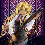  bad_id bad_pixiv_id blonde_hair blue_eyes bow dark_skin dress_shirt formal gun gunslinger_girl hair_ribbon long_hair looking_at_viewer necktie open_mouth pant_suit ribbon shirt shotgun solo sparkle stained_glass suit triela twintails vest weapon winchester_model_1897 yuzu_5101 
