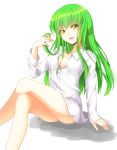  1girl absurdres aoi_(kiyokiyoaomushi) bangs breasts c.c. cleavage code_geass collarbone dress_shirt eyebrows_visible_through_hair green_hair hair_between_breasts hair_twirling highres legs_crossed long_hair long_sleeves medium_breasts naked_shirt shiny shiny_hair shirt simple_background sitting solo very_long_hair white_background white_shirt yellow_eyes 