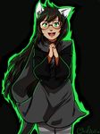  animal_ears black_hair blush buck_teeth dark_skin dog_ears dress fingers_together glasses green_eyes highres homestuck jade_harley long_hair magical_ondine pantyhose round_eyewear smile solo striped striped_legwear very_long_hair 