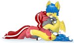  blue_hair cuddling cutie_mark equine female feral freckles hair horn horse hug lemon_puff male mammal mini_tuffs mt my_little_pony open_mouth pegasus plain_background pony red_ribbon unicorn white_background wings zebra 