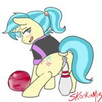  allie_way_(mlp) anatomically_correct anatomically_correct_pussy animal_genitalia anus blue_eyes blue_hair blush bottomless bowling_ball bowling_pin butt clothing cutie_mark equine equine_pussy female feral friendship_is_magic hair horn horse insertion looking_at_viewer looking_back mammal masturbation my_little_pony open_mouth penetration plain_background pony pussy shirt signature skookum solo unicorn vaginal vaginal_penetration white_background 