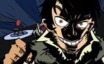  1boy beowulf_(skullgirls) black_hair chair grin jintor male male_focus parody short_hair skullgirls smile solo style_parody teeth tengen_toppa_gurren_lagann the_hurting yellow_eyes 