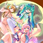  areolae bad_id bad_pixiv_id blonde_hair breasts detached_sleeves gloves green_eyes green_hair hair_ornament hair_ribbon hairclip hatsune_miku high_heels huge_breasts kagamine_rin large_breasts long_hair medium_breasts megurine_luka midriff multiple_girls navel necktie open_mouth red_eyes red_hair ribbon shoes short_hair thighhighs twintails uniskie v vocaloid 