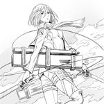  boots dual_wielding emblem greyscale holding jacket knee_boots lineart looking_at_viewer mikasa_ackerman monochrome paradis_military_uniform parted_lips scarf shingeki_no_kyojin short_hair sine solo sword thigh_strap three-dimensional_maneuver_gear training_corps_(emblem) weapon 