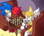  blue_eyes blue_fur blush canine chair checkmate chess fox fur gloves green_eyes hand_on_face hedgehog looking_at_viewer male mammal miles_prower multiple_tails one_eye_closed pillow sega shoes smile sonic_(series) sonic_the_hedgehog wink yellow_fur 