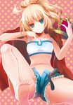  barefoot blonde_hair blue_eyes crown fate/apocrypha fate_(series) feet grin halftone halftone_background head_tilt izumiya_otoha jacket jacket_on_shoulders jewelry long_hair midriff mordred_(fate) mordred_(fate)_(all) navel necklace open_clothes open_shorts ponytail pov_feet red_jacket short_shorts shorts sitting smile soles solo spread_legs strapless toes tubetop unbuttoned 