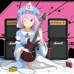  amplifier bad_proportions breasts electric_guitar guitar haseneko hat instrument japanese_clothes marshall medium_breasts obi one_eye_closed paul_reed_smith pink_hair plectrum prs_guitar ribbon saigyouji_yuyuko sash short_hair sitting smile solo thighhighs touhou triangular_headpiece white_legwear wide_sleeves 