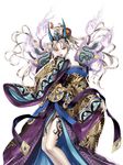  artist_request bare_legs bare_shoulders character_request chinese_clothes eyelashes fire flower hair_flower hair_ornament hair_stick hand_to_own_mouth highres lipstick long_hair makeup official_art onimusha_soul orange_eyes purple_fire silver_hair tattoo wide_sleeves 