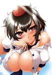 areola_slip areolae bare_shoulders black_hair blush breasts hat highres large_breasts looking_at_viewer open_clothes open_shirt red_eyes shameimaru_aya shirt short_hair solo tokin_hat touhou yazuki_gennojou 