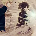  1girl black_dress black_hair black_sclera blonde_hair blood cyborg dress fubuki_(one-punch_man) genos green_eyes hayakawa one-punch_man prosthesis prosthetic_arm short_hair spoilers 