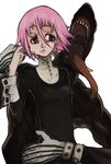  absurdres androgynous bracer cheek_pinching cheek_pull code-aa crona_(soul_eater) cuff_links frown gloves habit highres looking_away open_mouth pinching pink_eyes pink_hair ragnarok_(demon_sword) short_hair sketch solo soul_eater striped striped_gloves sword tongue weapon 
