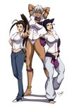  ahoge anklet armlet arms_behind_head artist_name bad_deviantart_id bad_id barefoot breasts brown_hair casual dark_skin drill_hair elena_(street_fighter) fingerless_gloves full_body gloves grin hair_pulled_back han_juri high_ponytail highres huge_ahoge huge_breasts ibuki_(street_fighter) jewelry large_breasts magion02 medium_breasts midriff multiple_girls neck_ring no_pants one_eye_closed panties pointy_hair raccoon_tail shirt short_sleeves signature smile squiggle standing street_fighter street_fighter_iii_(series) street_fighter_iv_(series) tail tall twin_drills underwear v white_hair white_panties white_shirt 
