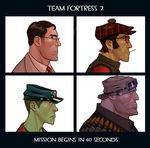  album_cover bandolier blue_eyes cover crossover demon_days_cover english essor0706 glasses goggles goggles_on_headwear gorillaz hat male_focus mouth_hold multiple_boys necktie parody profile skull_and_crossbones sunglasses team_fortress_2 the_heavy the_medic the_scout the_sniper 
