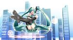  absurdres caffein cityscape detached_sleeves feet green_eyes green_hair hatsune_miku headphones highres long_hair musical_note necktie open_mouth panties pantyshot pantyshot_(sitting) sitting skirt solo striped striped_panties thighhighs tongue twintails underwear very_long_hair vocaloid 