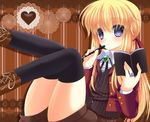  androgynous black_legwear blonde_hair blue_eyes boots cross-laced_footwear formal gem heart jacket jewelry lace-up_boots long_hair male_focus neon_ui notebook pen ponytail ring shirt shorts solo thighhighs thighs umineko_no_naku_koro_ni ushiromiya_lion 