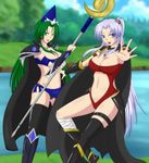  alternate_costume blue_eyes breasts cameltoe cape cleavage green_eyes green_hair hat highres large_breasts mima multiple_girls navel ponytail shinki staff thighhighs touhou touhou_(pc-98) water weapon white_hair wizard_hat zaogao_xiaotu 