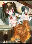  bad_id bad_pixiv_id black_hair blue_eyes breasts breasts_outside brown_hair flat_chest highres karei lactation multiple_girls nipples open_clothes open_shirt original ponytail red_eyes shirt shouga_(hiramememe) tray twintails waitress 