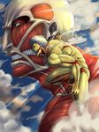  armored_titan bald blonde_hair burning cloud colossal_titan giant highres house monster multiple_boys muscle shingeki_no_kyojin short_hair smoke tanotsuku_daisuke teeth 