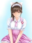  blush bow breasts brown_eyes brown_hair hair_bow hair_ribbon hairband long_hair love_plus maid_headdress medium_breasts nannacy7 ponytail ribbon sitting skirt smile solo takane_manaka waitress 