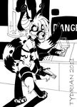  bipedal black_and_white black_markings canine console crux danger digitigrade do_not_press gun insane laboratory labratory mammal markings monochrome oh_no ranged_weapon smile solo spiral tank tydrian weapon 