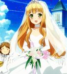  1girl azuki_azusa blonde_hair blush bouquet bridal_veil bride church cloud confetti day dress flower green_eyes groom hentai_ouji_to_warawanai_neko. highres long_hair screencap sky veil wedding_dress yokodera_youto 