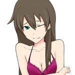  bad_id bad_pixiv_id bra brown_hair chousoku_henkei_gyrozetter hakux913 haruka_(gyrozetter) one_eye_closed smile solo underwear 