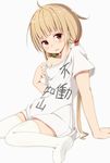  ahoge blonde_hair blush clothes_writing fang futaba_anzu idolmaster idolmaster_cinderella_girls long_hair pun ratsuku_kinoko red_eyes shirt socks solo t-shirt translated twintails 