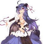  ahoge blue_hair butt_crack character_request copyright_request demon_girl demon_horns demon_tail demon_wings dress fang from_behind horns long_hair looking_back low_wings open_mouth plus9 pointy_ears red_eyes ribbon simple_background solo succubus tail white_background wings 