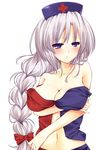  bare_arms bekotarou blush braid breast_lift breasts cleavage collarbone hair_ribbon hat highres large_breasts long_braid long_hair looking_at_viewer midriff navel nurse_cap off_shoulder open_clothes open_shirt purple_eyes ribbon shirt silver_hair simple_background solo touhou very_long_hair white_background yagokoro_eirin 