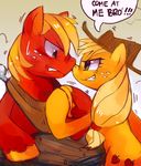  2012 angry applejack_(mlp) big_macintosh_(mlp) blonde_hair brother come_at_me_bro cowboy_hat cutie_mark duo english_text equine eye_contact female feral freckles friendship_is_magic fur green_eyes hair hat horse long_hair male mammal my_little_pony orange_fur plain_background pony red_fur short_hair sibling sister smile suikuzu sweat text trembling yoke 