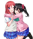  black_hair blush bow cardigan dress_shirt hair_bow hug love_live! love_live!_school_idol_project multiple_girls nishikino_maki one_eye_closed otonokizaka_school_uniform plaid plaid_skirt plus9 purple_eyes red_eyes red_hair school_uniform shirt short_hair simple_background skirt twintails white_background yazawa_nico 