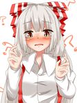  ? bad_id bad_pixiv_id blush bow fujiwara_no_mokou hair_bow highres juliet_sleeves long_hair long_sleeves looking_at_viewer open_mouth puffy_sleeves red_eyes shirt silver_hair simple_background solo suspenders tears touhou upper_body very_long_hair wavy_mouth white_background yamato_(muchuu_paradigm) 