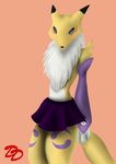  bisexual black canine crossdressing digimon female fox fur glove looking_at_viewer looks male mammal purple purple_clothing purple_markings renamon rock skirt solo too viewer white white_fur wiskar yellow yellow_fur 