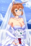  alternate_hairstyle animal_ears bare_shoulders blue_eyes blush bouquet breasts bridal_veil bunny_ears charlotte_e_yeager cleavage cloud condensation_trail day dress earrings elbow_gloves flower frills gloves jewelry komusou_(jinrikisha) large_breasts necklace orange_hair pearl_necklace ribbon sky smile solo strike_witches thighhighs veil wedding_dress world_witches_series 