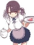  apron bad_id bad_pixiv_id breasts brown_hair heart large_breasts original puffy_sleeves red_eyes short_hair short_sleeves skirt smile solo teapot tray twintails umeboshitora waist_apron 